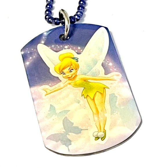 Vintage Disney Tinker Bell Necklace Tink Fairy Dog tag Style Purple 18" - Picture 7 of 9
